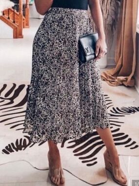 a new day Black & White Animal Pleated Midi Skirt
